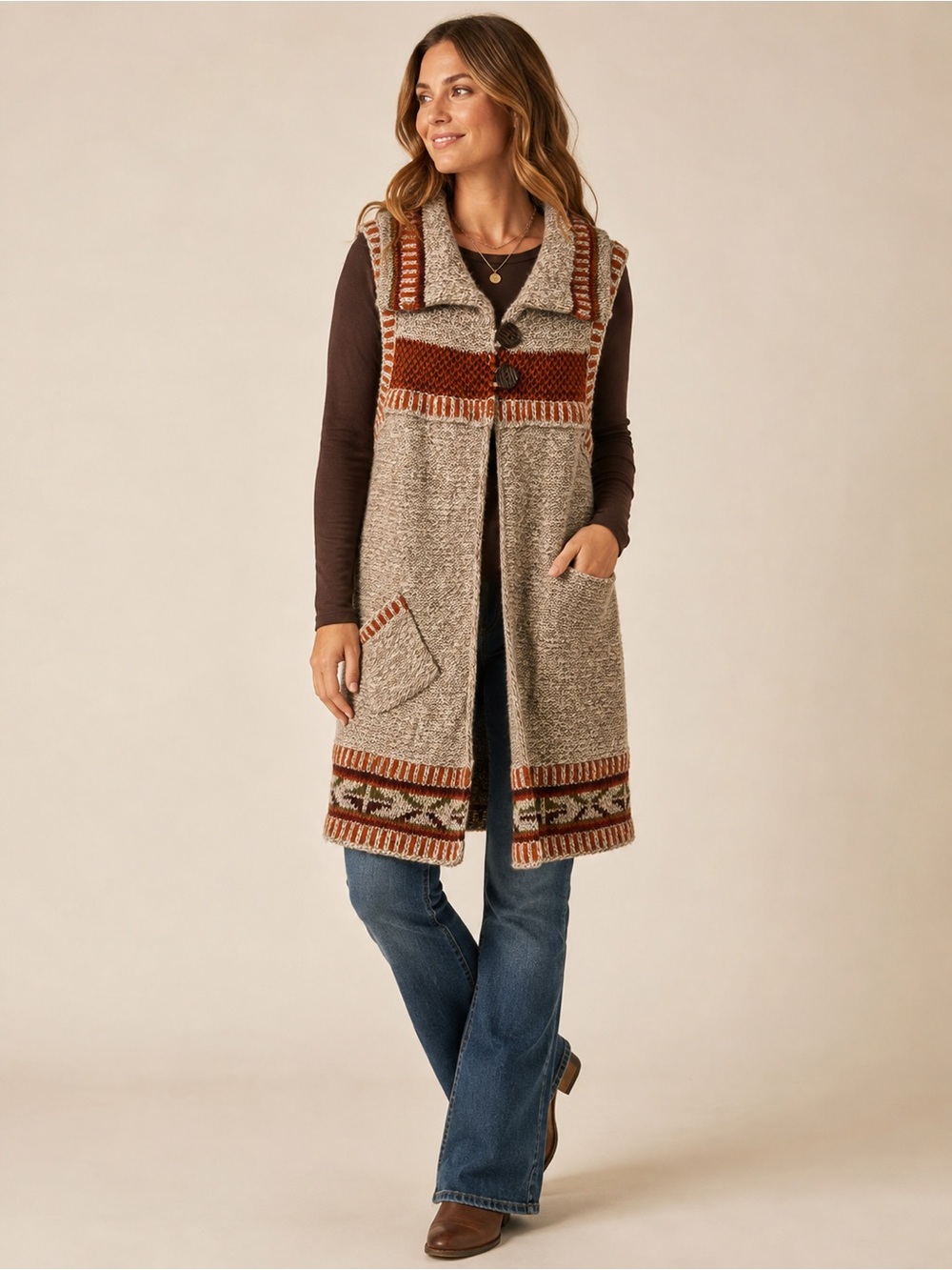 Royal Robbins L Wool Blend Long Sweater Vest Southwestern Boho Cardigan